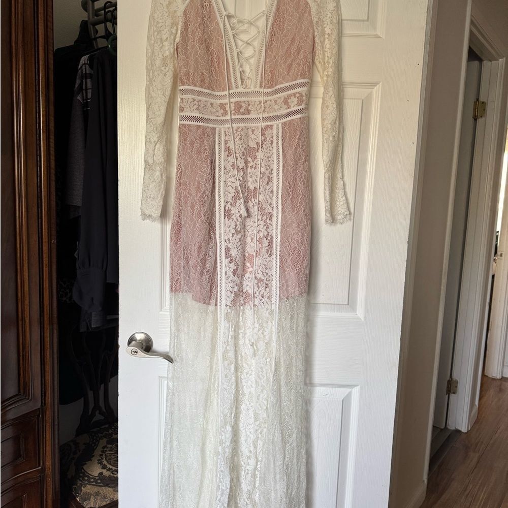 Pink and Tan V-Neck Bishop Sleeve Maxi Gown for Brides